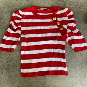Wmns Zara Red/white stripe knit ribbed top with puff ruched sleeves Size S